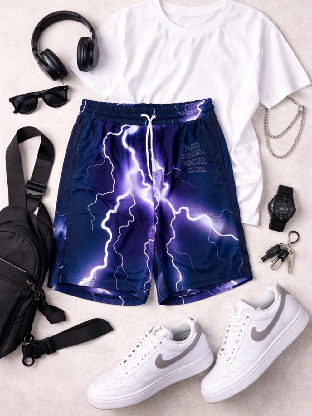Anti Social Social Club Hydroplane Shorts SS21 Lightning Bolt Design Black M NWT